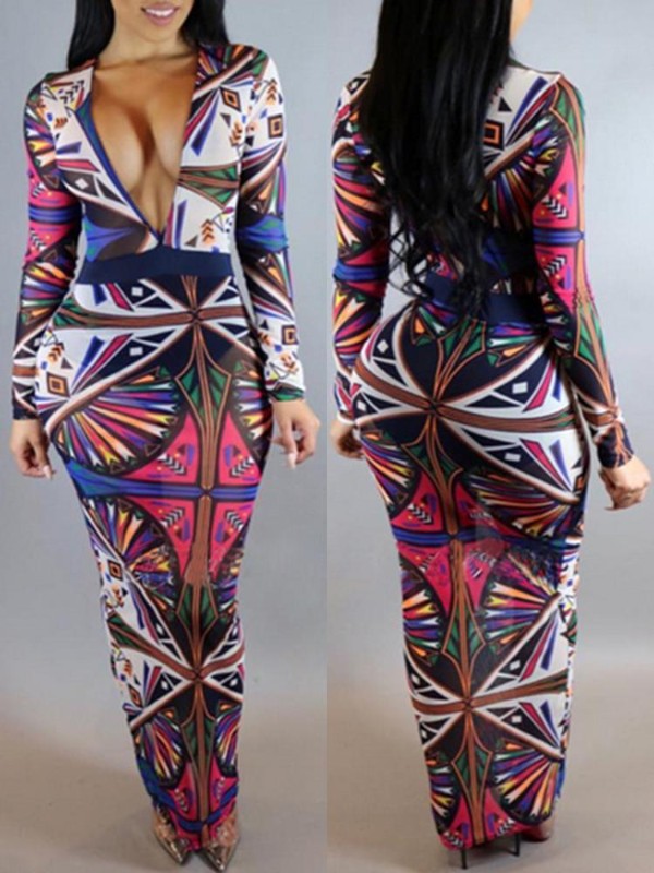 Damenmode Sexy Print Kleid Langarm Tiefem V-Ausschnitt Casual Bodycon Culottes Partykleid