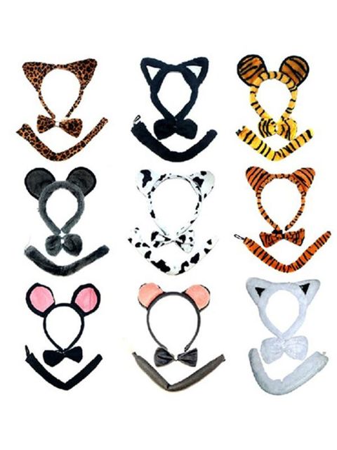 Dagur grímudaga fyrir börn fyrir leiki Birgðasali Búningar sæt dýr 3 stykki (höfuðband + slaufubindi + hali)