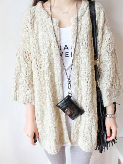 Naisten pyöreä kaula-aukko neulottu retro pyöreä kaula-aukko pitkähihainen ontto-villapaita irtonainen kierretty neuletakki