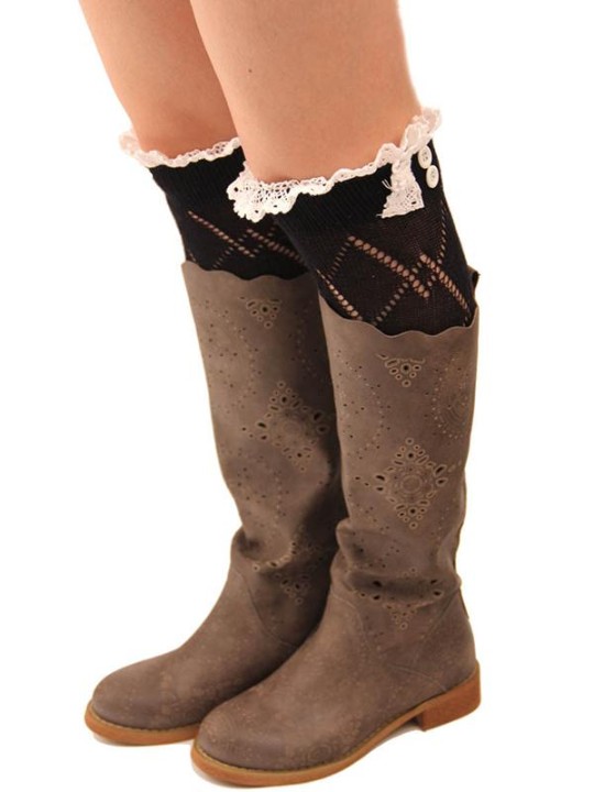 Chaussettes hautes multicolores à la mode d&#39;automne de Ladie avec chaussette à tricoter en maille de coton avec dessus en dentelle évidée