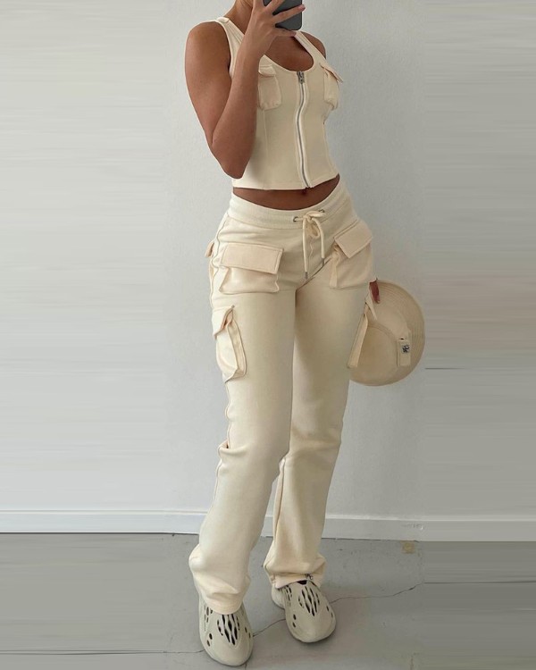 Conjunto de camiseta sin mangas con bolsillos delanteros con cremallera y pantalón cargo con cordón
