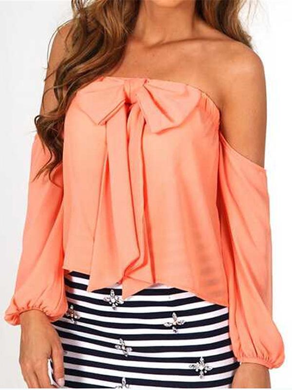 Women New Fashion Bow-knot Off Shoulder Blouse Long-sleeve Casual Chiffon Tops