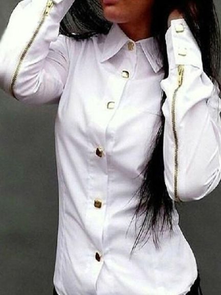 Frühlings-und Herbst-Frauen-Art- und Weisebluse mit Reißverschluss-Niet-lange Hülse Umlegekragen-Hemd