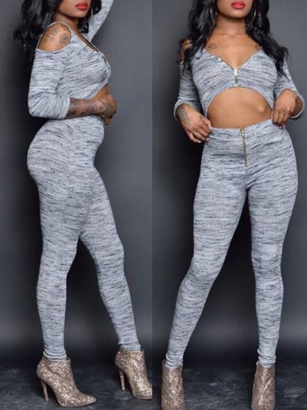 Sexig dragkedja v-hals enfärgad ihålig midriff-baring Rompers hög midja jumpsuit