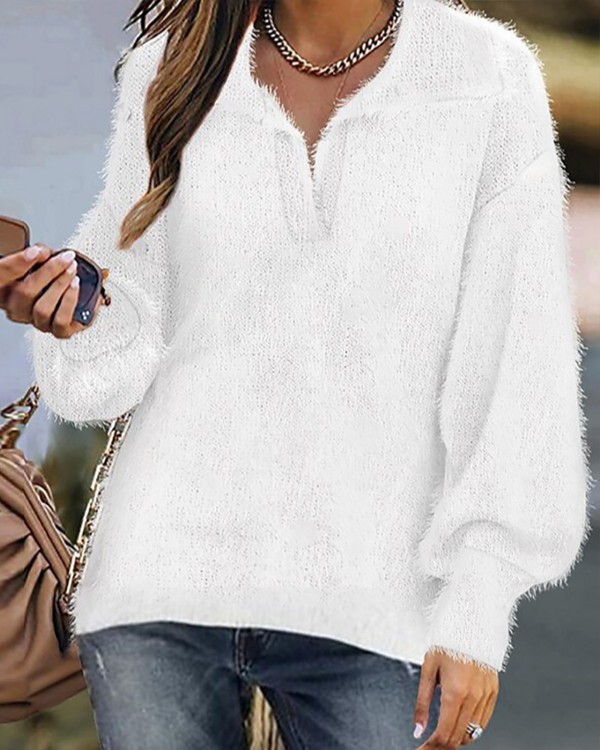 Fluffy Turn-down Collar Lantern Sleeve Top