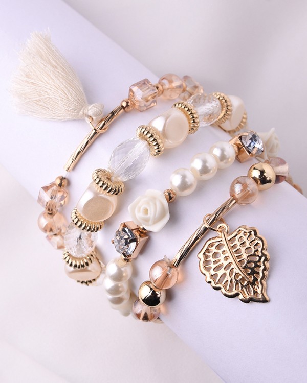 4PCS/Set Floral Leaf Pattern Tassel Design Beaded Bracelets