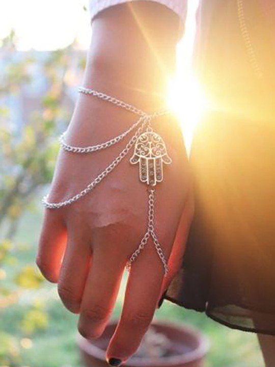 Asymmetrisk Herre Dame Hamsa Fatima Armbånd Finger Ring Slave Chain Håndsele