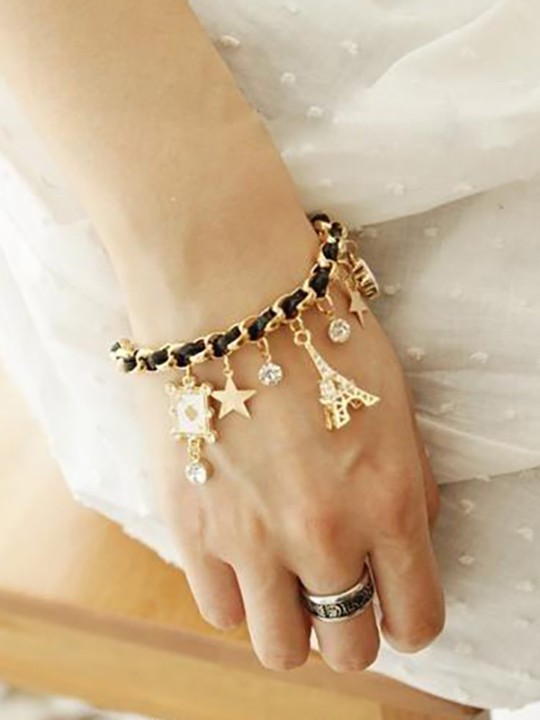 Fashion Jewelry Multi-element Gold Chain Leather Rope Crystal Handwork cute korean Bracelet