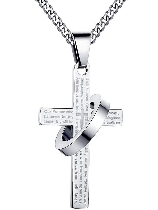 Ruostumattomasta teräksestä valmistettu miesten risti W Lord&#39;s Prayer englanniksi ja halo-riipus Krusifiksi risti miesten riipus 24&quot; reunaketjulla