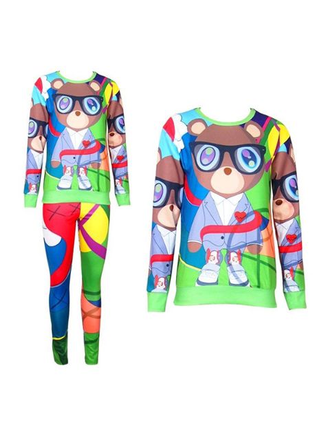 Tíska kvenna 2ST 3D Prenta Bear Sweatshirt Set / w Buxur föt sett