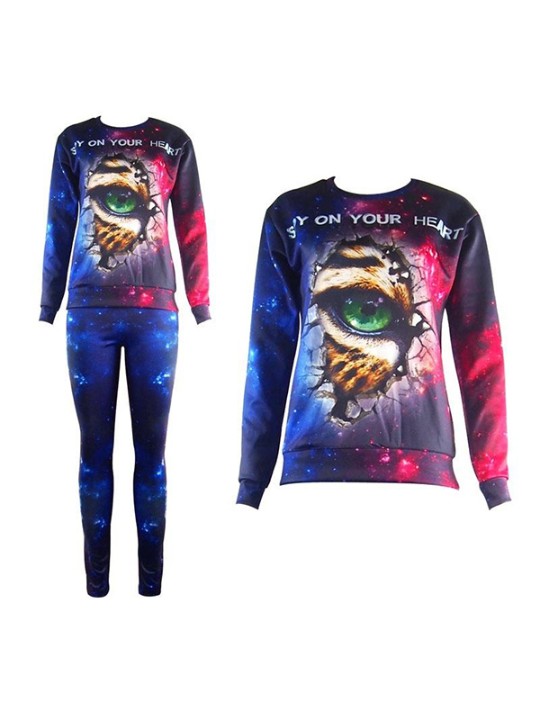 Moda Feminina 2 PCS 3D Impressão tigre olho Camisola Set / w Calças Terno Conjuntos
