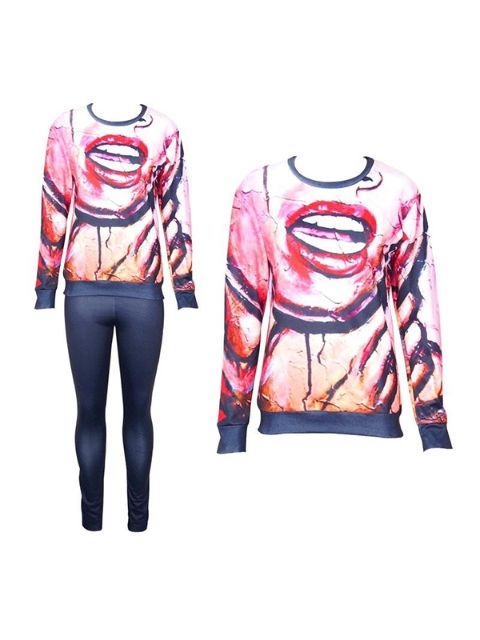 Mode Kvinnor 2ST 3D Print Röda läppar Sweatshirt Set / w Pants Suit Sets