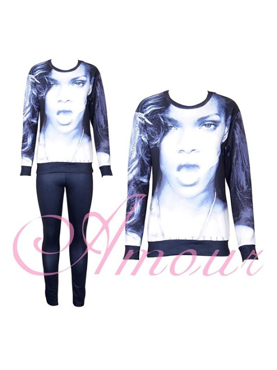 Mode Kvinnor 2ST 3D Print RR Rihanna Sweatshirt Set / w Pants Leggings Lot