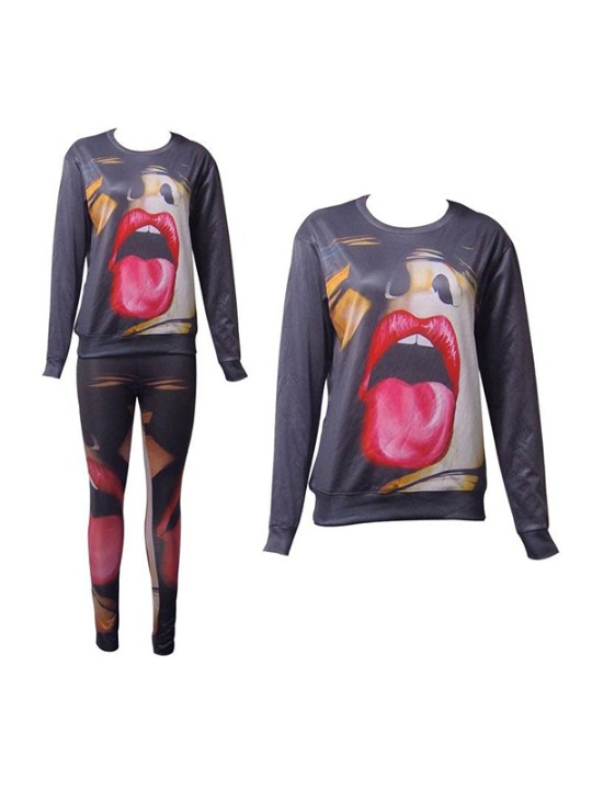 Fashion Women's 2PCS 3D Print mouth Sweatshirt Set /w Pants Suit Sets