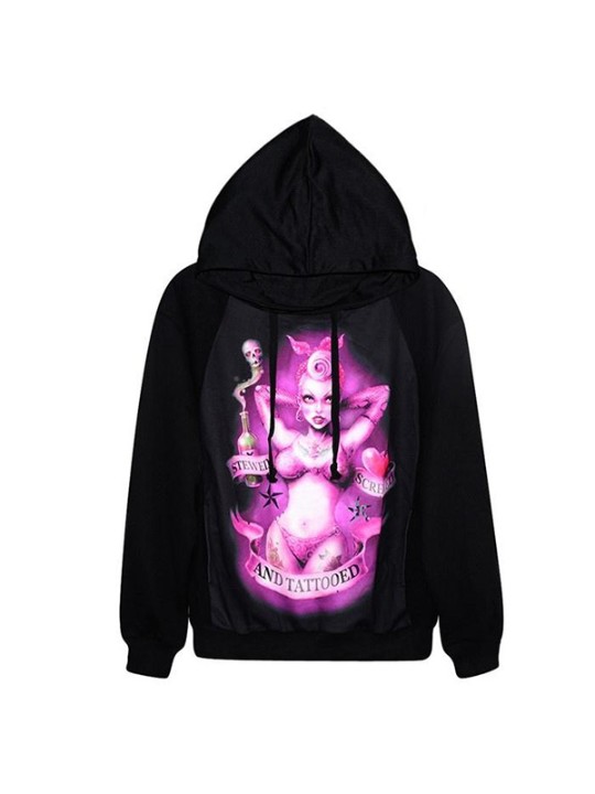 Moda Feminina Roxo Tatuado Beleza Impressão Digital Zíper Front Jacket Casaco de Manga Comprida Streat Desgaste