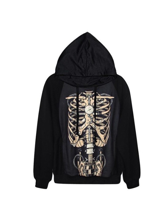 Moda para mujer Impresión digital Steampunk Esqueleto Chaqueta con cremallera Chaqueta larga Sudaderas con y sin capucha para hombre