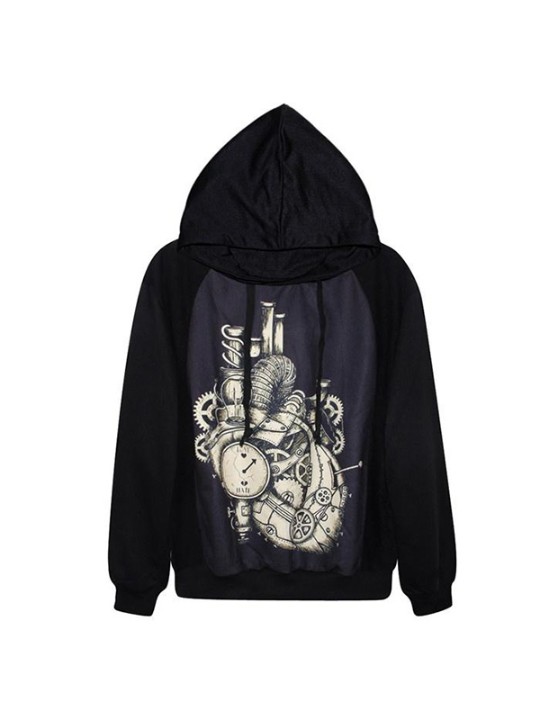 Womens Fashion Digital Print Steampunk Heart Zipper Front Jacket Manteau à manches longues Streat Wear