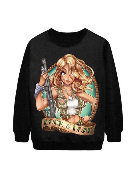 Women's Fashion Lock & load Pattern Digital Print Long Sleeve Pullovers Sweatshirt Hoodies(Black)
