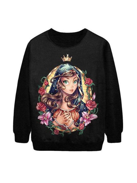 Moda Feminina Princesa Árabe Padrão Digital Imprimir manga comprida Pullovers Hoodies Moletom (Black)