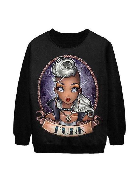 Naisten muoti Pin Up Punk Pattern Digitaalinen painatus Pitkähihaiset villapaidat Hupparit (musta)