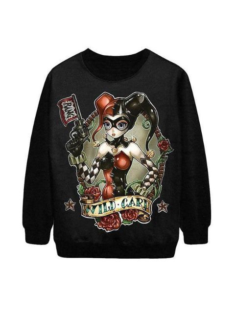 Women's Fashion Joker Pattern Digital Print Long Sleeve Pullovers Sweatshirts & Hoodies(Black)