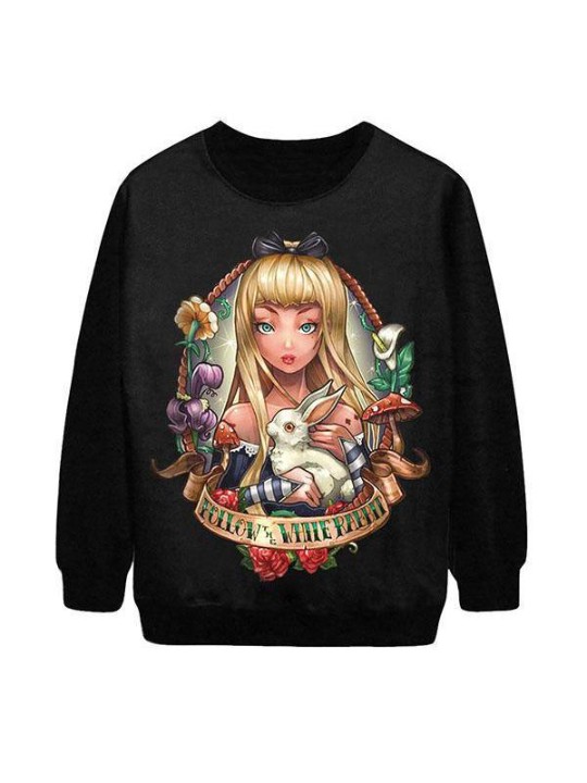 Naisten muoti Pin Up Alice Pattern -digitaalipainatus pitkähihaiset villapaidat ja hupparit (musta)