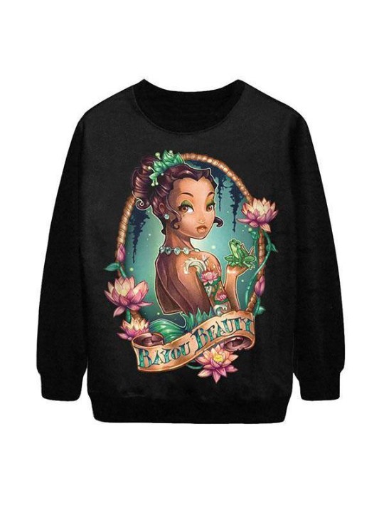 Mode féminine culte princesse motif imprimé numérique à manches longues pulls molletonnés et sweats à capuche (noir)