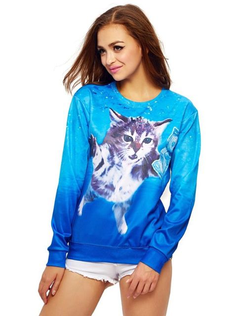 Nýtt 2015 tískukvenna langerma gotneska bláa köttprentaða peysuföt Hiphop peysur og hettupeysur