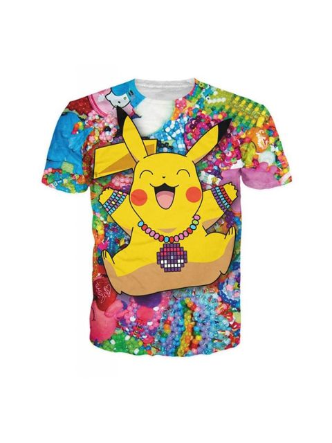 Unisex Tops Harajuku Pikachu Padrão Crewneck Manga Curta Solta Casual T-Shirt Moda Masculina