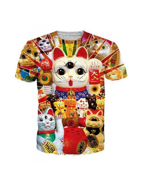T-shirt décontracté à col rond et à motif imprimé Fortune Cat pour hommes (multicolore)