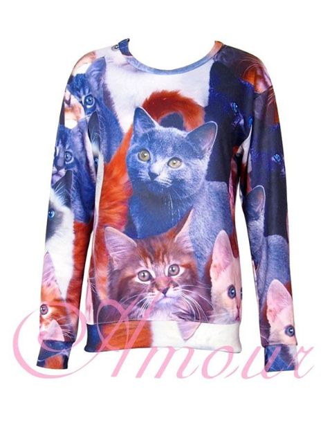 Nuevo 2014 Mujeres de la moda Primavera Otoño Lindo Gatito 3D Imprimir Manga Larga Sudaderas Pullovers Hoodies Outwear T-shirt
