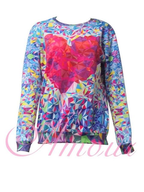 Uusi 2014 muoti naisten kevät syksy monivärinen sydän 3D tulosta pitkähihainen collegepusero villapaidat hupparit