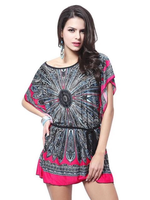 Dömutíska í stórum stíl auk Retro blómaprentunar Batwing ermi Boho Hippie&#39;s sumar kyrtill kjóll