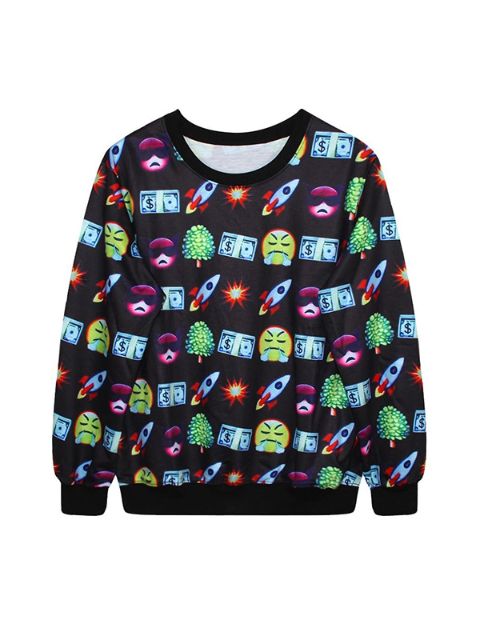 Naisten muoti Emoji Print Pattern Loose Pullover collegepaidat ja hupparit
