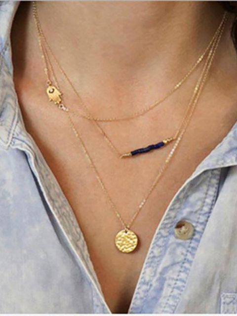 Kvinder Fashion Sweet Golden Multi Layer halskæde med perle vedhæng