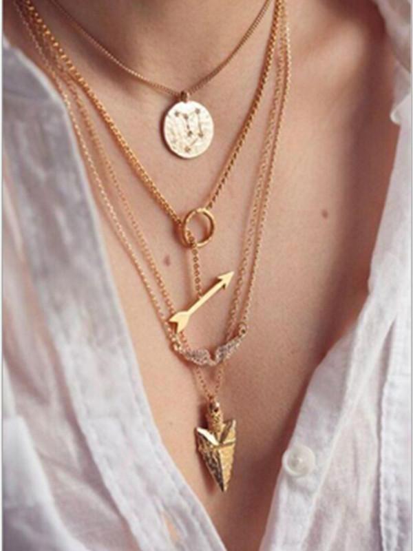 Women Fashion Sweet Golden Multi Layer Necklace With Fish Arrow Angle Wing Round Pendant