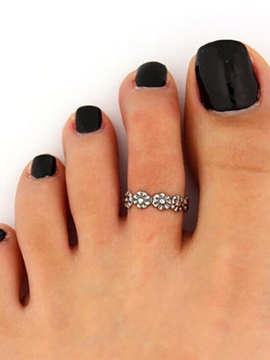 Women Fashion Antique Silvery Embossed Floral Midi Adjustable Toe Ring Vintage