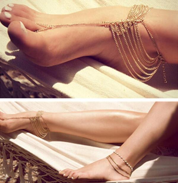Mode Charm Flerlags kæde Barfodet Sandaler Ankelbånd Smykker Guld Krop Smykker