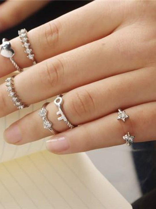 6 stk Modesmykker Finger Ring Sæt Hjerte Midi Knuckle Rhinestone Ringe