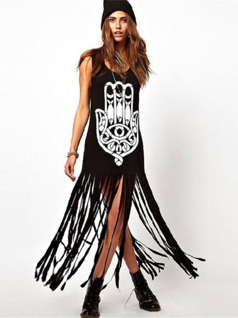 Women Fashion Black Fatima Lucky Hand Print Sleeveless Long Dress With Tassels Hem