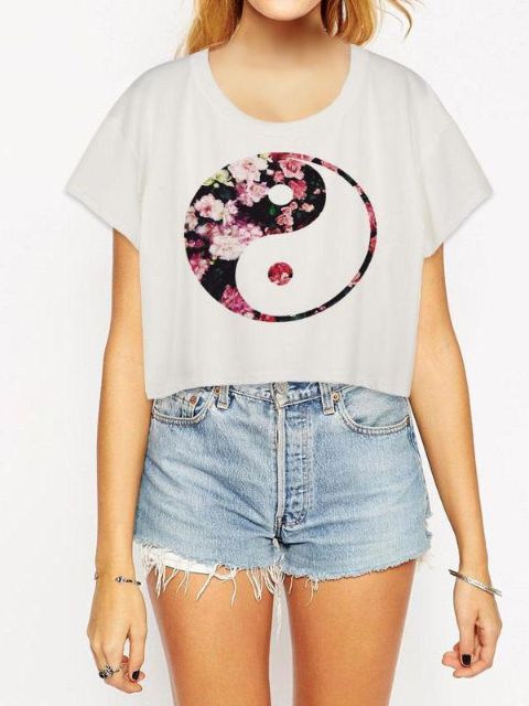 Damemode 3D Digital tegneserieblomst Tai Chi Diagram T-print Ærmeløs Slim Vest Tank Crop Top T-shirt