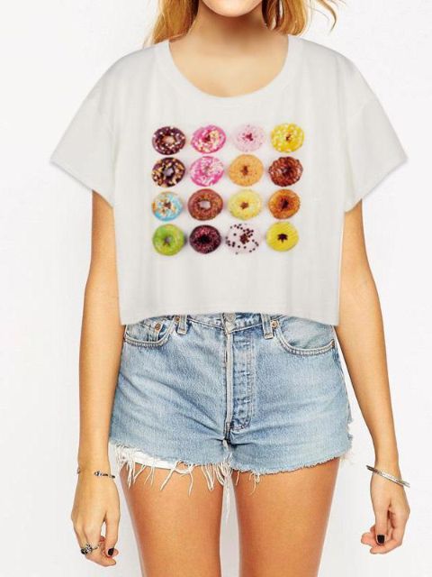 Moda mujer 3D Digital Cartoon Girl&#39;s Love Donuts Imprimir sin mangas chaleco delgado Tank Crop Top T-shirt
