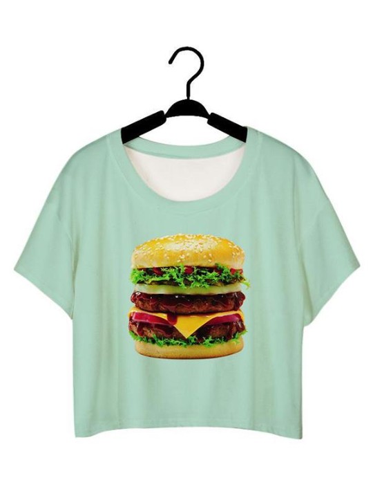 Kvindemode 3D Digital tegneserie sulten hamburgerprint Ærmeløs Slim Vest Tank Crop Top T-shirt