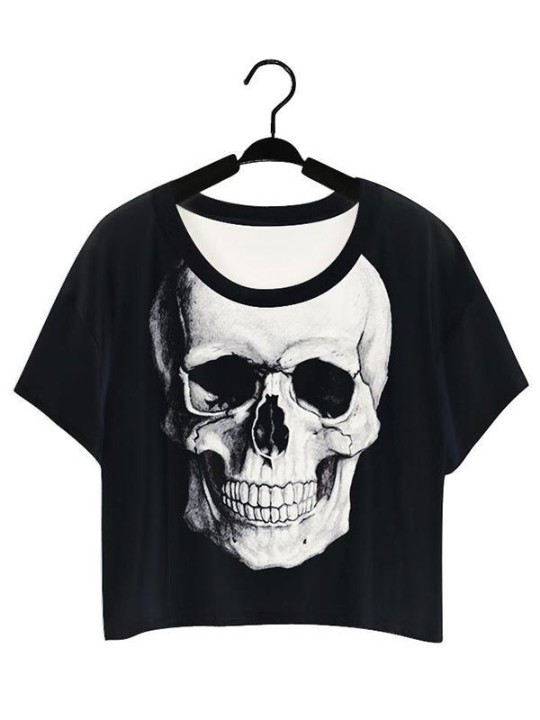 Punk Style 3D Digital Print Fashion Skull Sleevel Tank Crop Top -t-paita