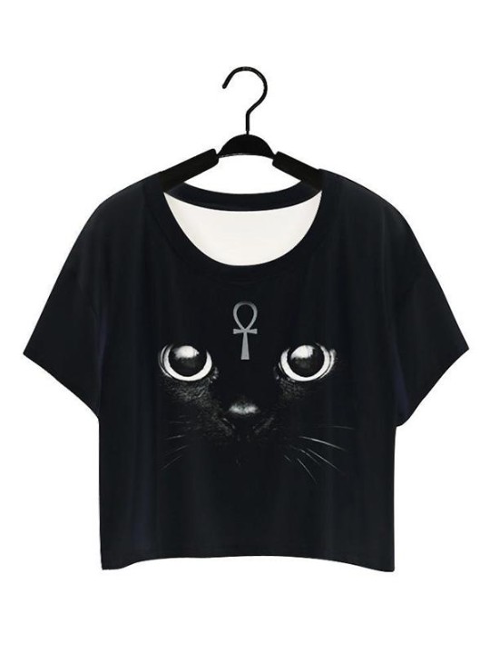 Punk Style 3D Digital Print Mode Cat Eye Söt Ärmlös Slim Vest Tank Crop Top T-shirt