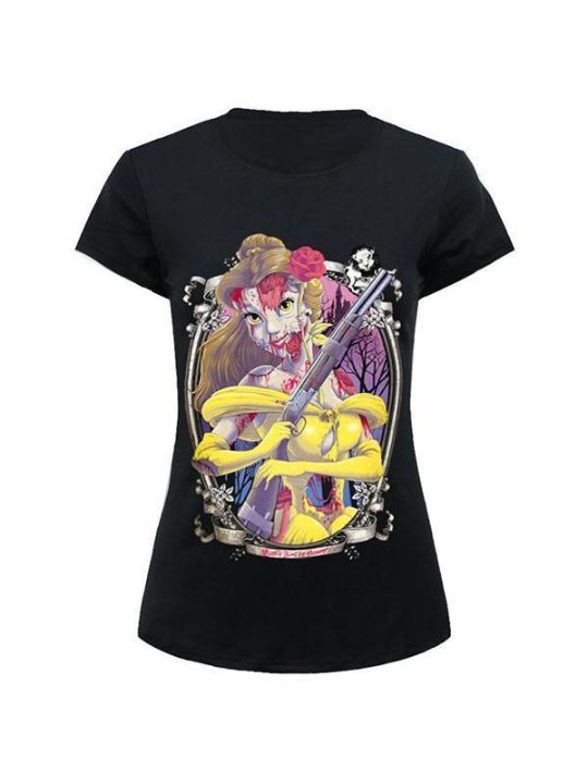 Tops das mulheres zumbi belle impresso padrão em torno do pescoço camiseta casual (preto)