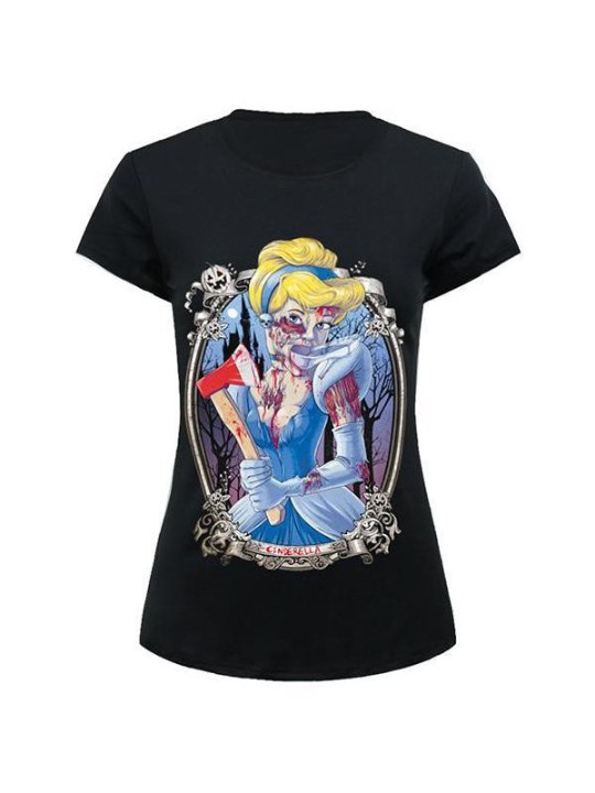 Tops de las mujeres Zombie Cenicienta impreso patrón redondo cuello Casual camiseta (negro)
