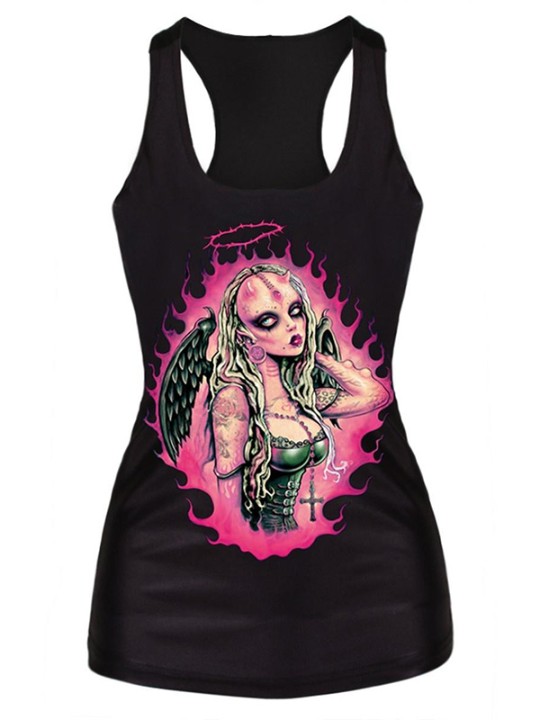 Mode Digital Print Gothic Steampunk Theme rosa ängel Tank Top Bodysuit Clubwear