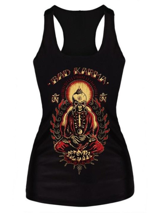 Mode Steampunk Bad Karma Digital Print Gothic Tank Top Bodysuit Kvinder Clubwear