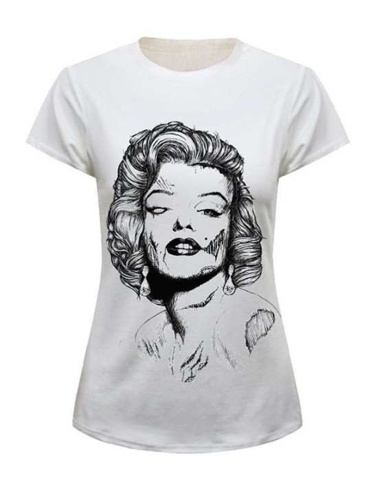 Damtröjor Zombie Marilyn ansiktstryckt mönster rund hals Casual T-shirt (vit)